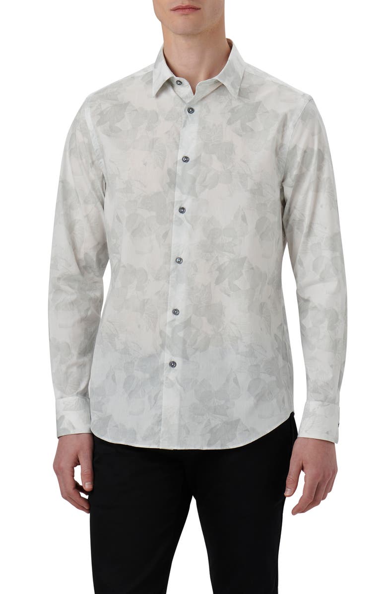 Bugatchi Julian Shaped Fit Leaf Print Stretch Cotton Button-Up Shirt, Main, color,