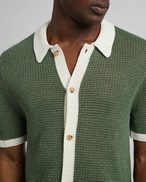 Shop Onia Linen Short Sleeve Button Up Sweater In Seaspray/white