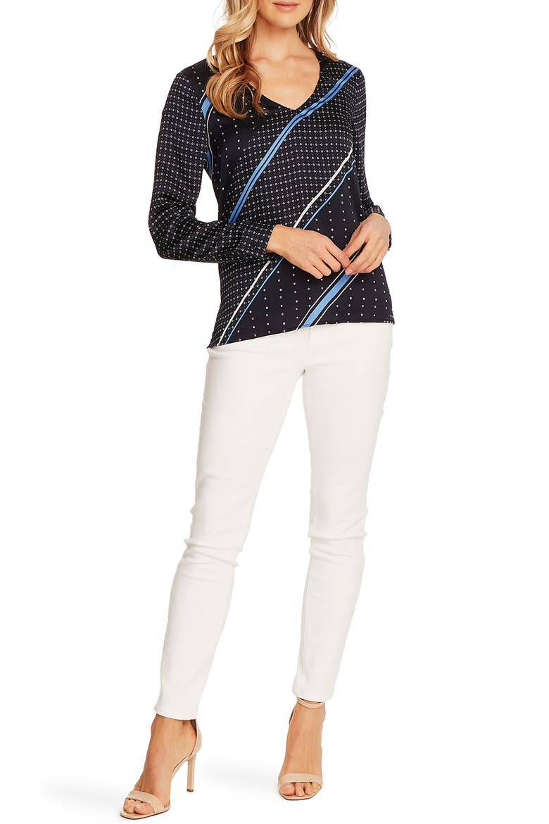 Stripe Geo Print Long Sleeve Hammer Satin Top, Alternate, color, NIGHT NAVY