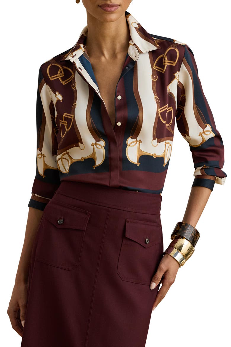 Classic Equestrian Print Twill Button-Up Shirt, Main, color, NAVY/ CREAM MULTI