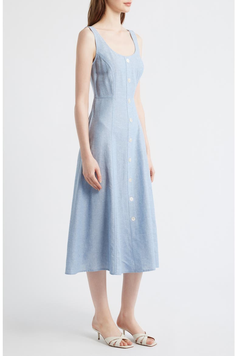 Button Detail Linen Blend Tank Dress, Alternate, color, LAGOON/ CRSP WHT