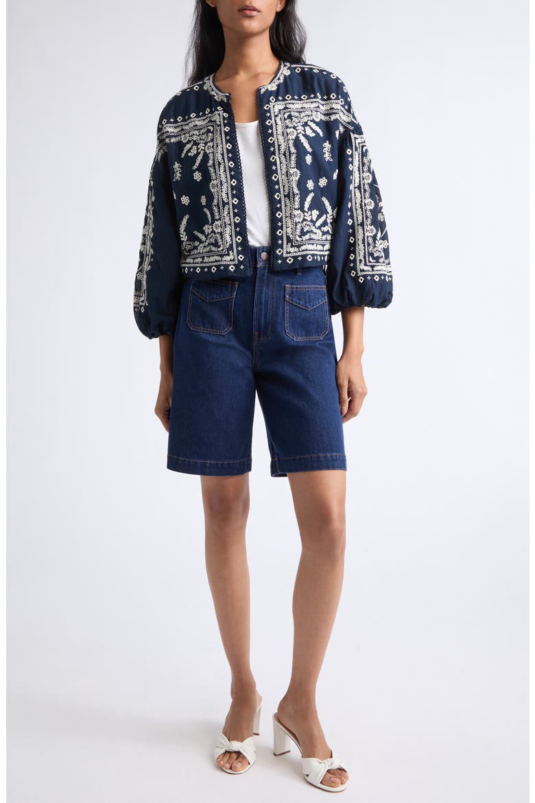 Drake Embroidered Bandana Print Cotton Blend Jacket, Alternate, color, NAVY