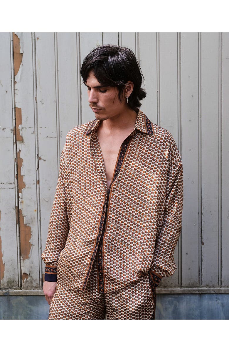 Monzlapur Embossed Botanical Long Sleeve Crepe Shirt, Alternate, color, Copper