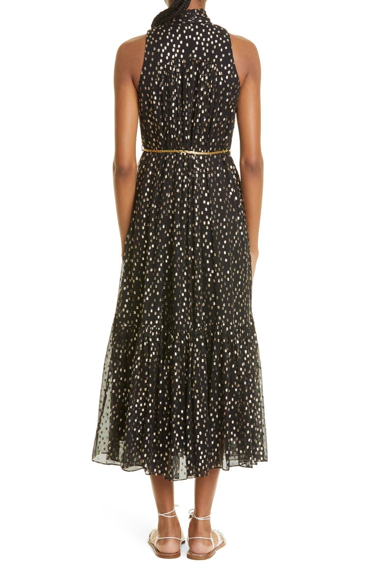 Tie Neck Silk Fil Coupé Midi Dress, Alternate, color, BLACK