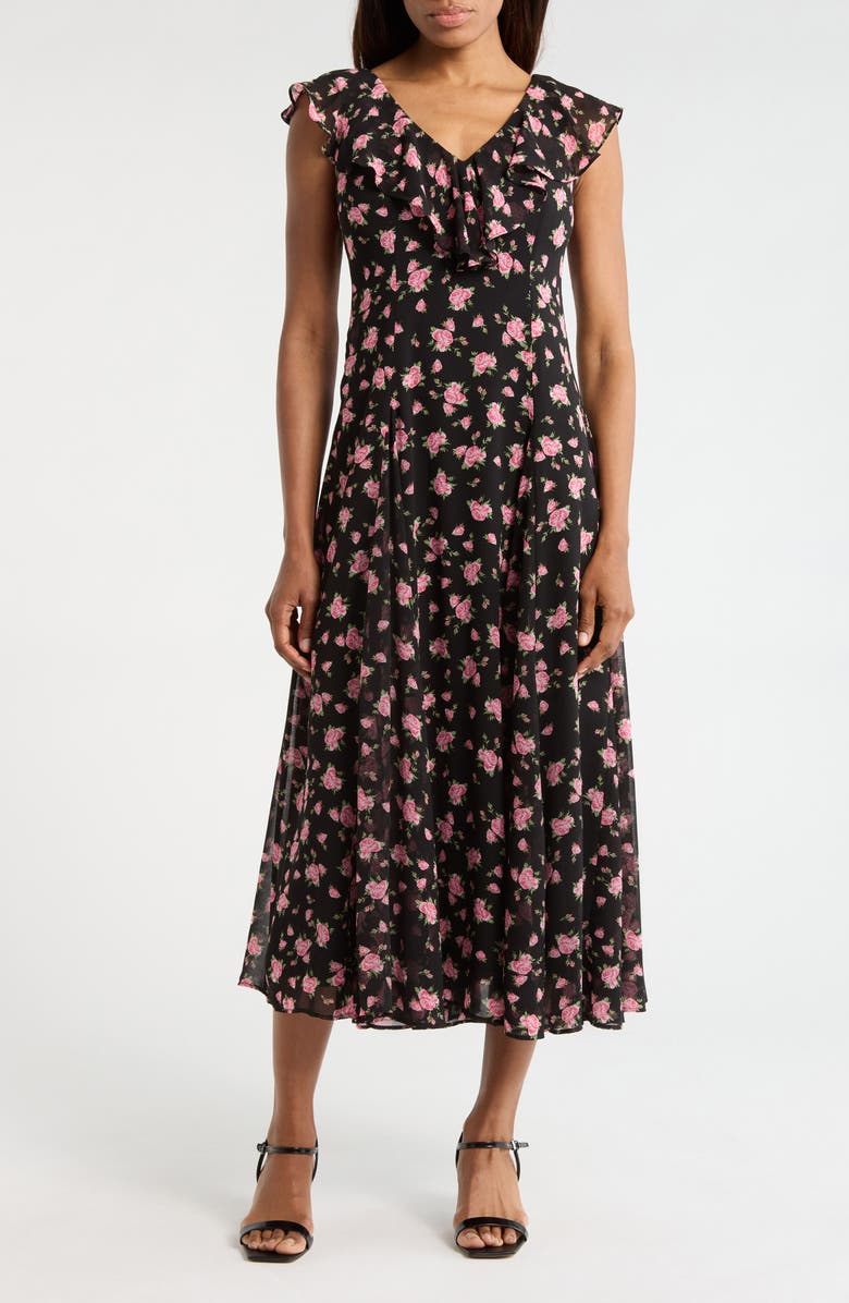 WAYF Floral Cap Sleeve Godet Midi Dress, Main, color, Black Roses