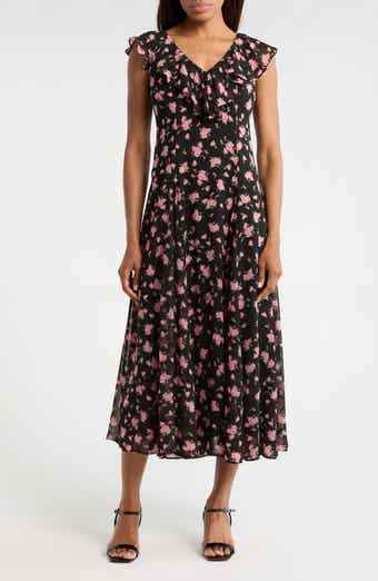 WAYF Floral Cap Sleeve Godet Midi Dress