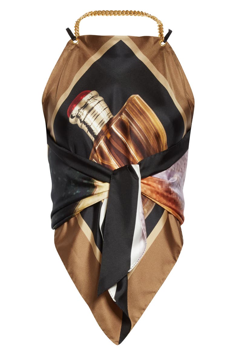 Amaris Archive Perfume Bottle Print Silk Twill Top, Alternate, color, BLACK IP PAT