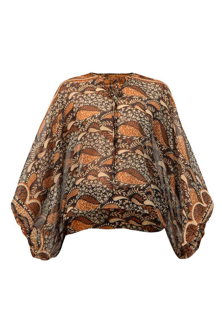 Dolman Paisley Blouse with Neck Ties, Alternate, color, Brown