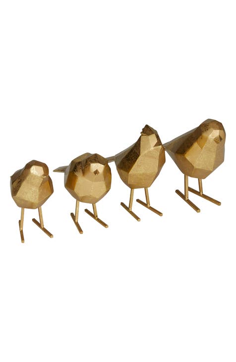 Gold Polystone Bird Sculpture - Set of 4