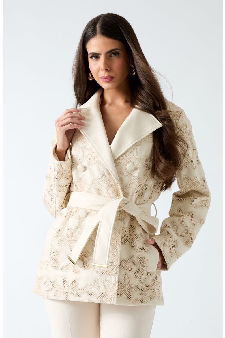 Ramona Lace Faux Leather Short Trench Coat, Alternate, color, MCDM-OPEN