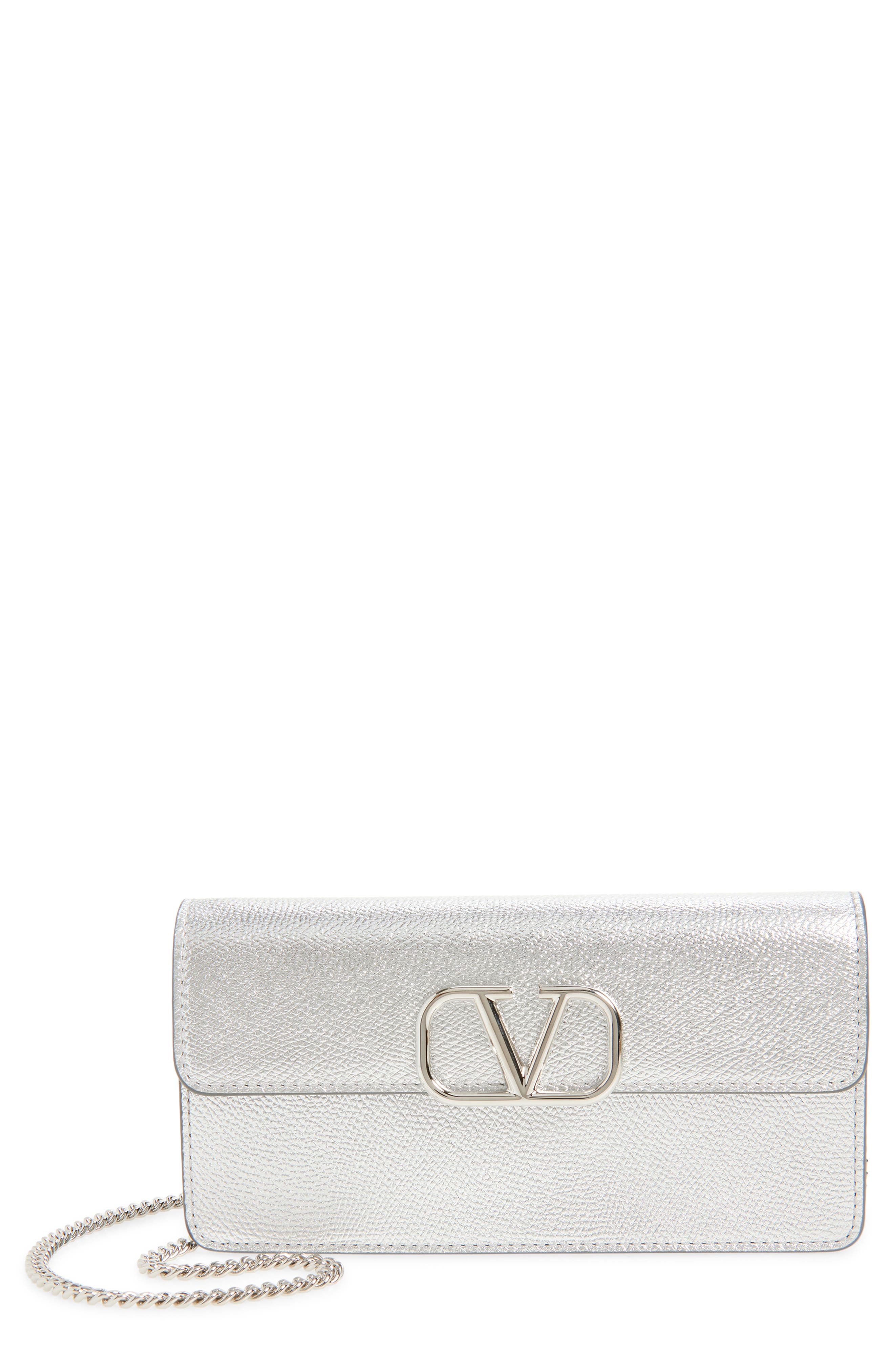 Valentino Garavani VLOGO Metallic Leather Shoulder Bag, Main, color, Silver
