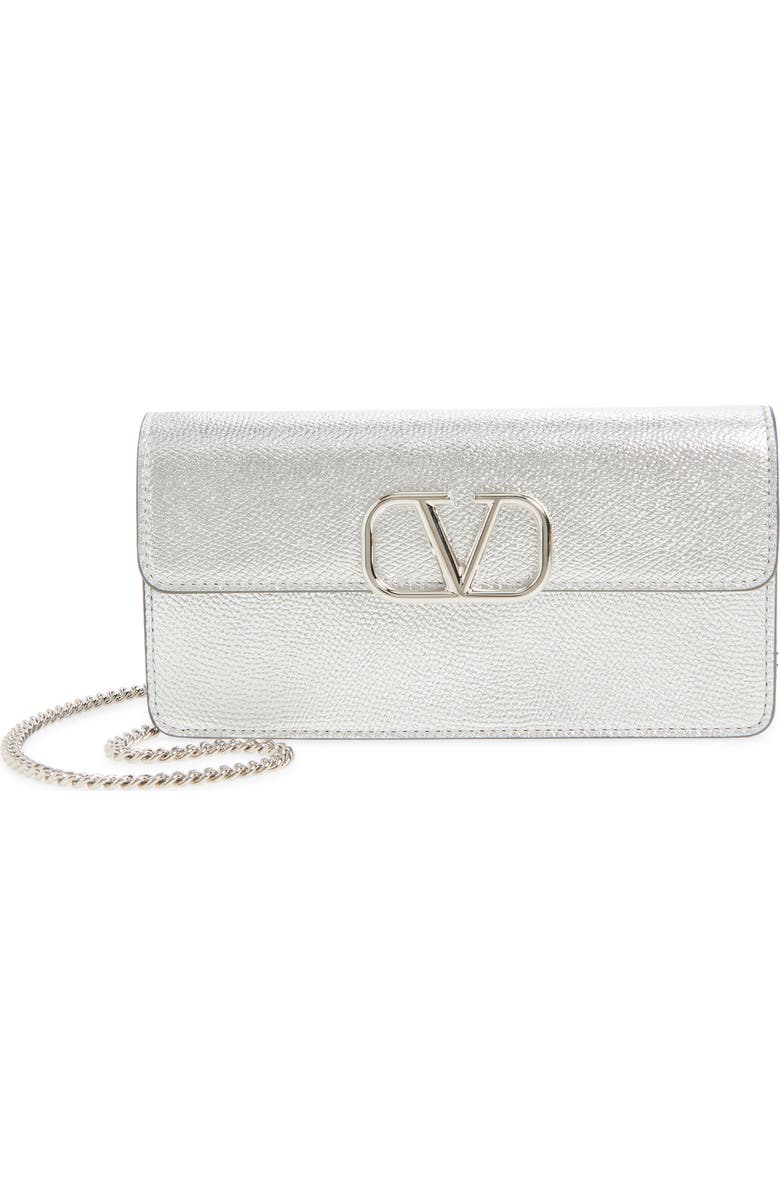 Valentino Garavani VLOGO Metallic Leather Shoulder Bag, Main, color, Silver