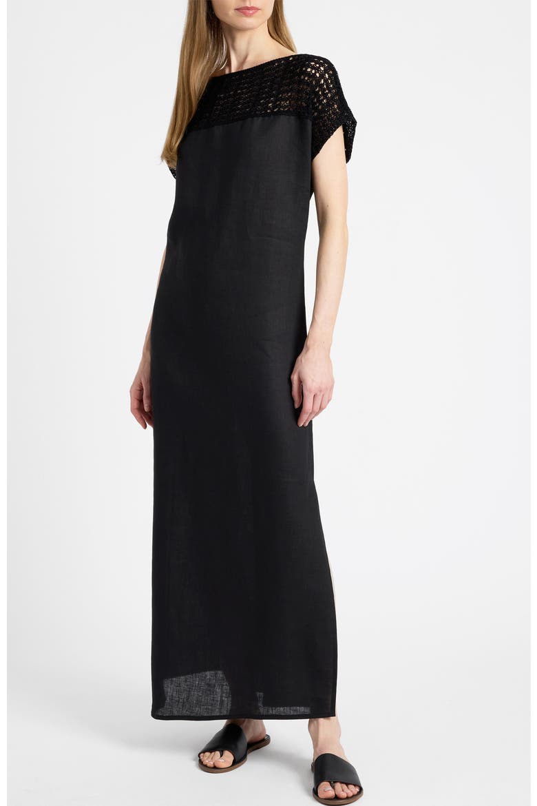 Harmony Crocheted Cap Sleeve Linen Maxi Dress, Main, color, Black