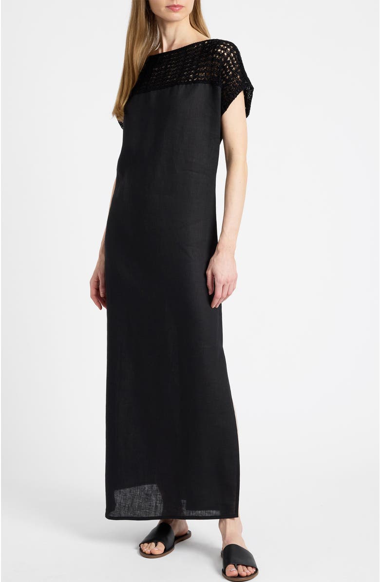 Santorelli Harmony Crocheted Cap Sleeve Linen Maxi Dress, Main, color, Black