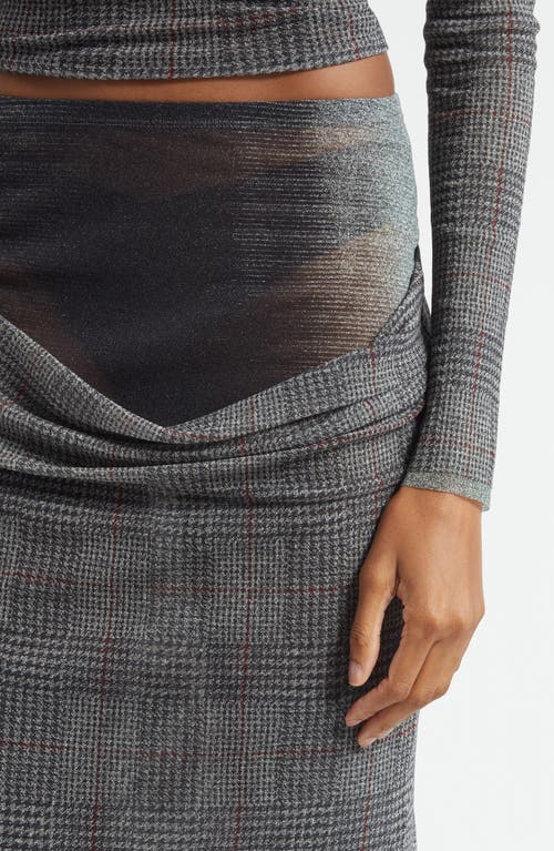 Jean Paul Gaultier Double Layer Prince Of Wales Print Mesh Midi Skirt In Gray