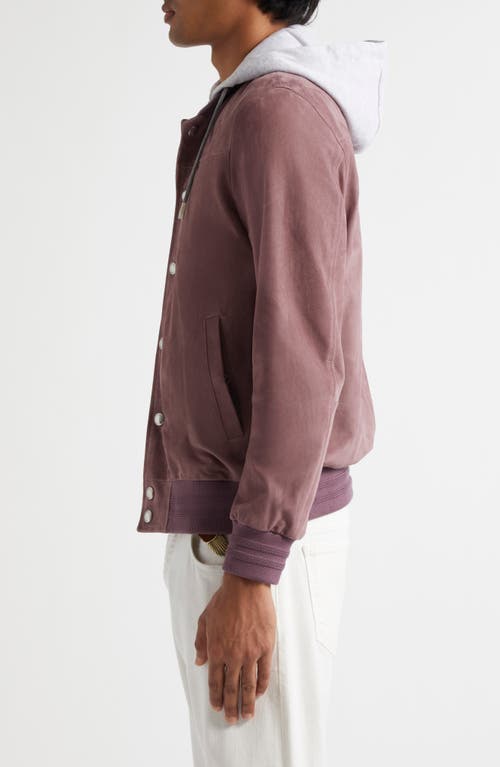 Shop Eleventy Suede Bomber Jacket With Knit Removable Hood In 47-13 Berry Lt Grey Melange
