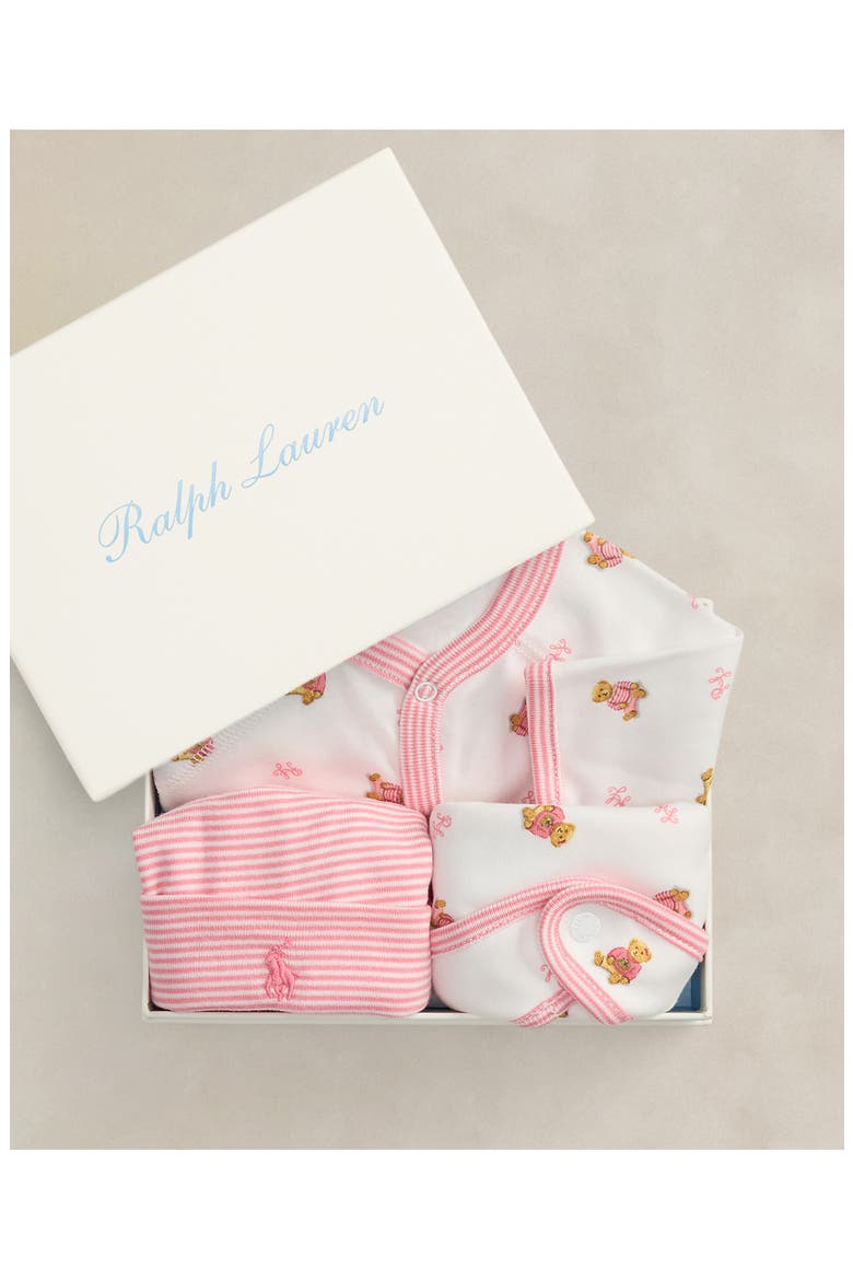 Cotton Interlock Footie, Bib & Hat Set, Alternate, color, WHITE PINK MULTI