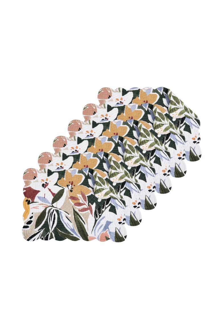 Joelle Palm Leaves & Flowers 100% Cotton Set of 6 Placemats 13" x 19", Main, color, Green