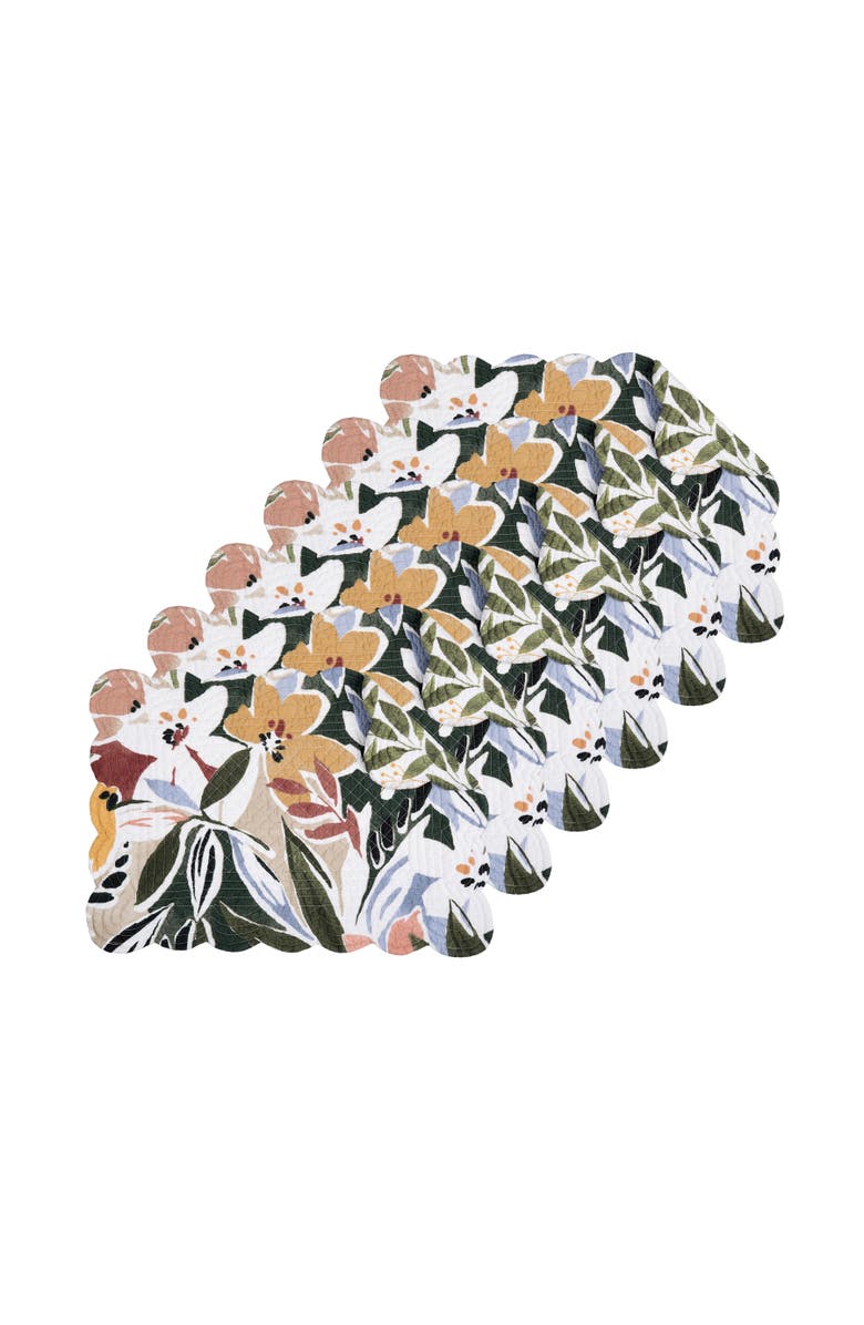 C&F Home Joelle Floral Flowers Palm Leaf Vibrant Scalloped Placemats Set of 6, 13" x 19", Main, color, Green