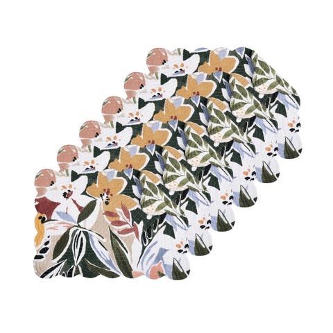 Joelle Floral Flowers Palm Leaf Vibrant Scalloped Placemats Set of 6, 13" x 19"