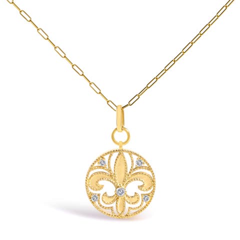 14K Yellow Gold 1/4 Cttw Round Diamond Openwork Fleur de Lis Medallion Pendant Necklace