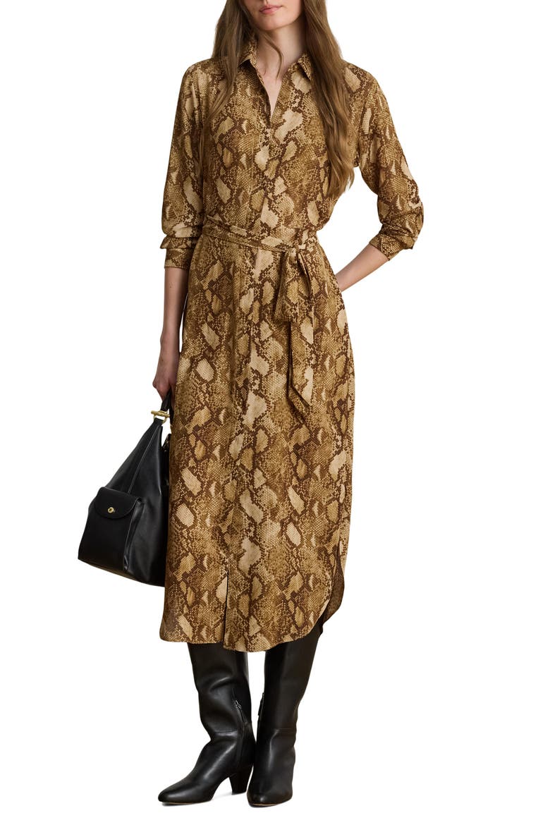 Snake Print Belted Georgette Midi Shirtdress, Main, color, BEIGE/ MULTI