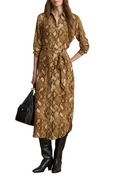 Snake Print Belted Georgette Midi Shirtdress