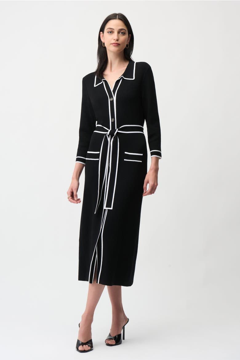 Viscose Shirt Dress with Contrast Piping And Sash, Main, color, Black/Vanilla