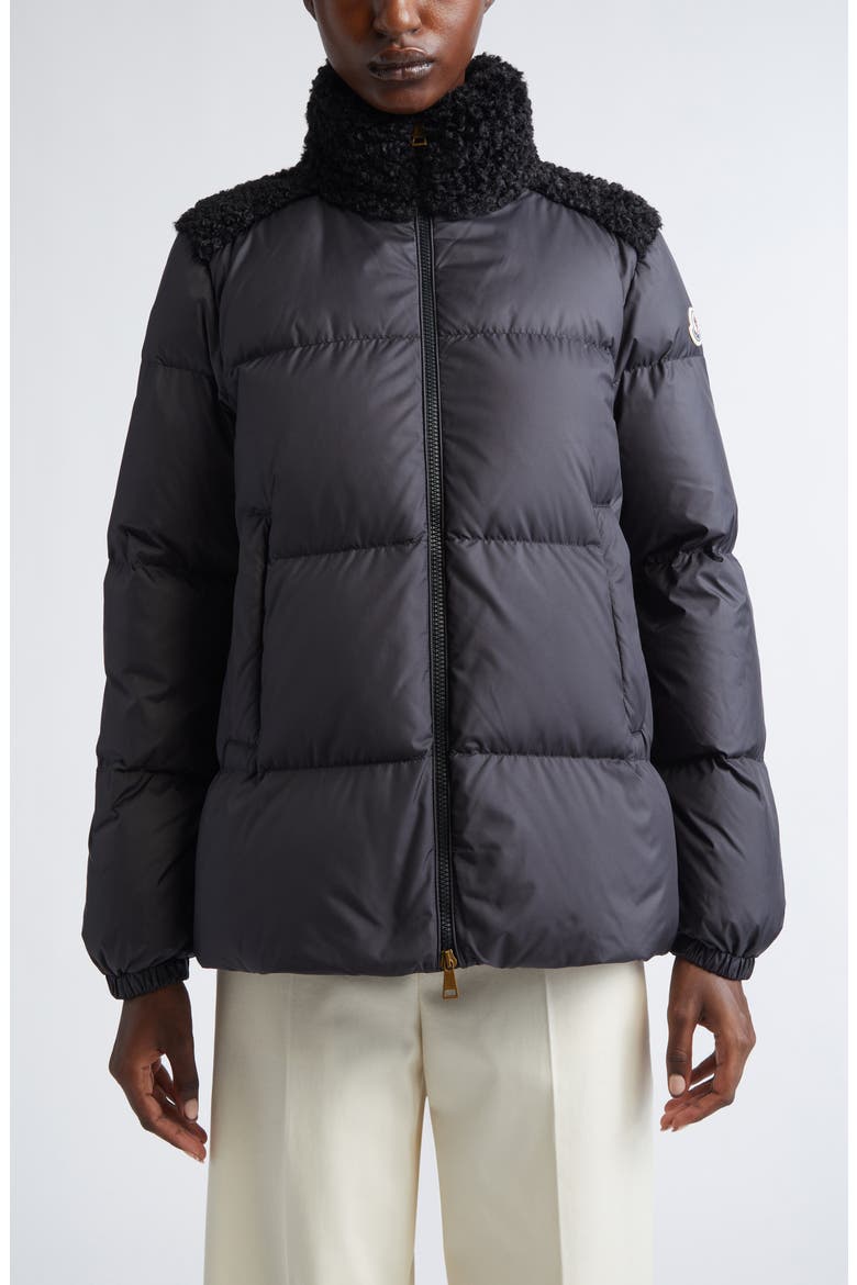 Esnaie Faux Shearling Trim Down Jacket, Main, color, BLACK