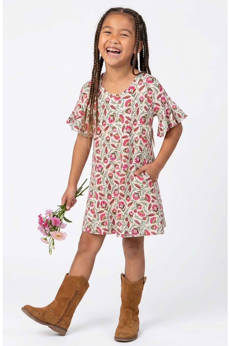 Organic Cotton Flutter Sleeve Cascade Dress, Alternate, color, Folk Floral