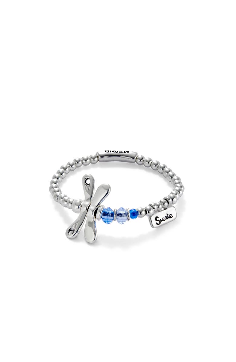 UNODE50 Elastic bracelet with sterling silver plated dragonfly with blue crystals, Main, color, Silver