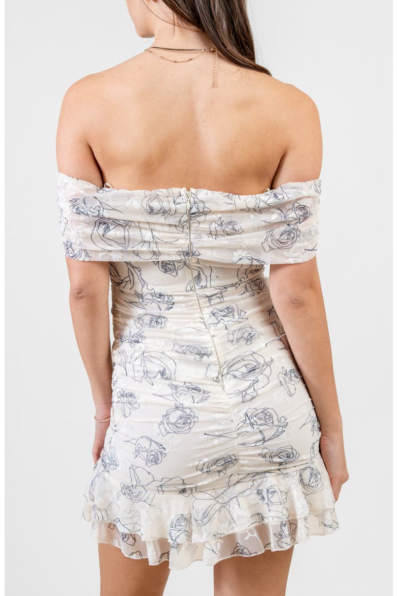 Floral Mesh Off the Shoulder Ruched Minidress, Alternate, color, IVORY CHARCOAL