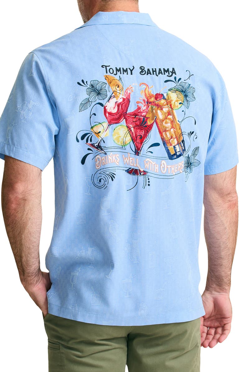 Tommy Bahama Drinks Well with Others Embroidered Silk Camp Shirt, Alternate, color, Canyon Sky