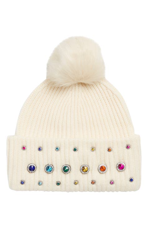 Octavia Rainbow Crystal Beanie with Faux Fur Pompom