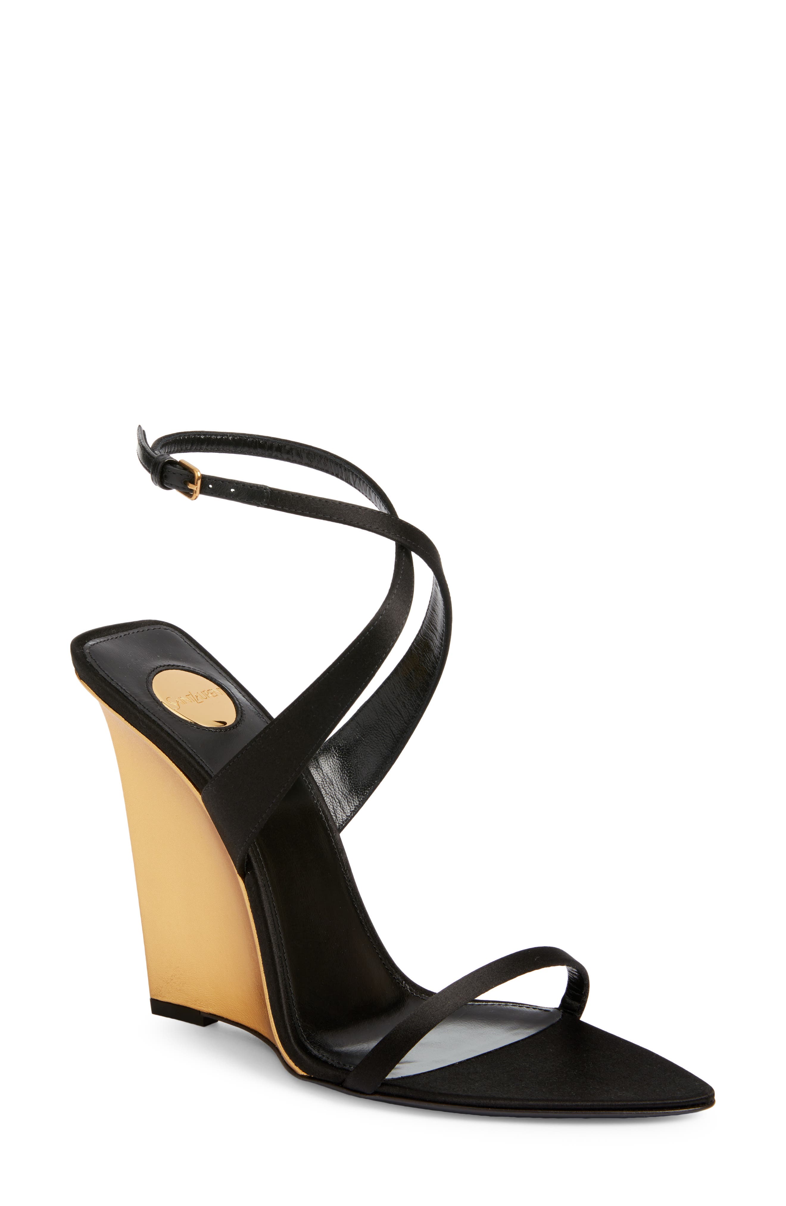 Saint Laurent Sculpted Wedge Sandal, Main, color, Noir/ Sun Gold