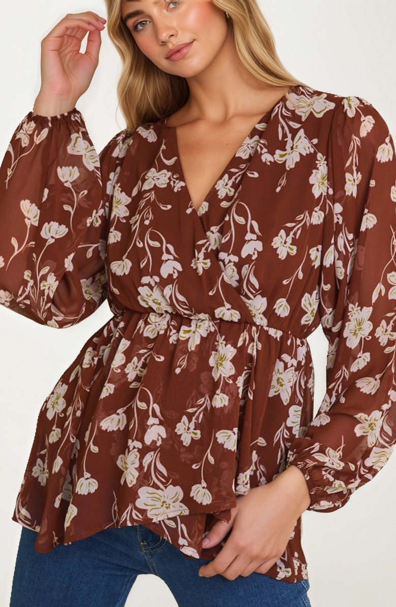 Knit and Lounge Long Sleeve Floral Empire Waist Wrap Blouse, Alternate, color, Floral Brown