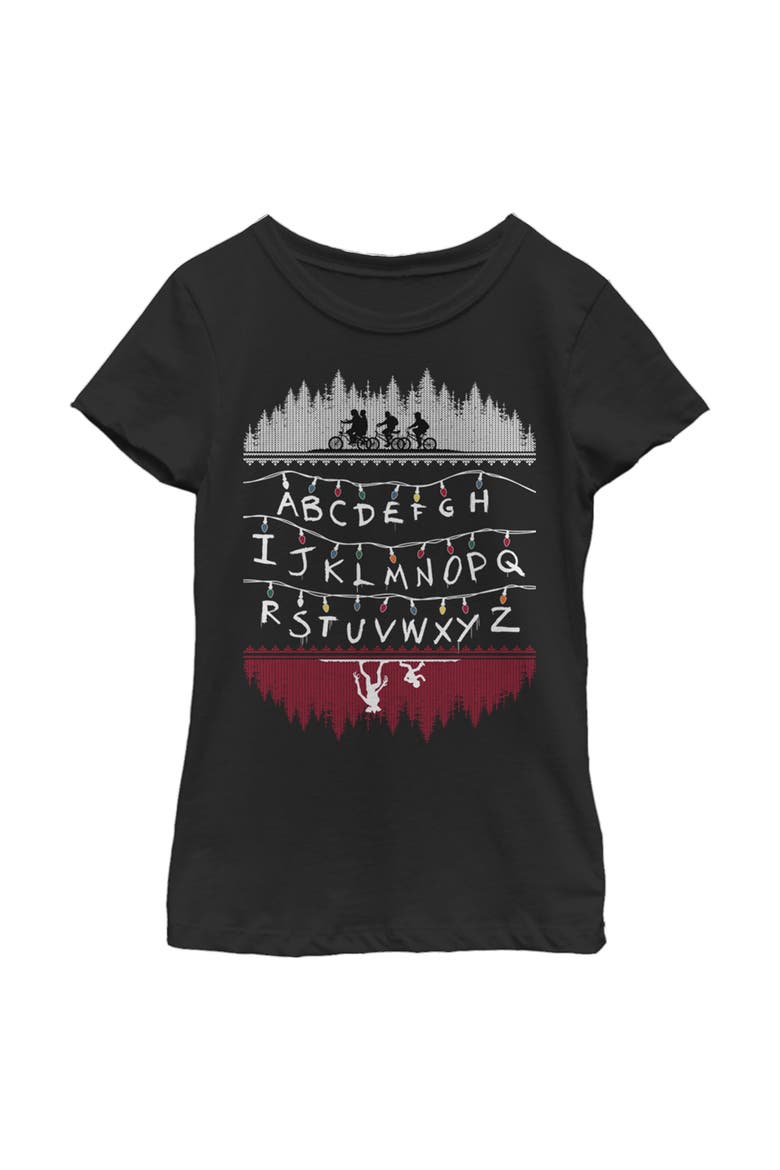 Girl's Stranger Things Christmas Light Message  Graphic T-Shirt, Main, color, Black
