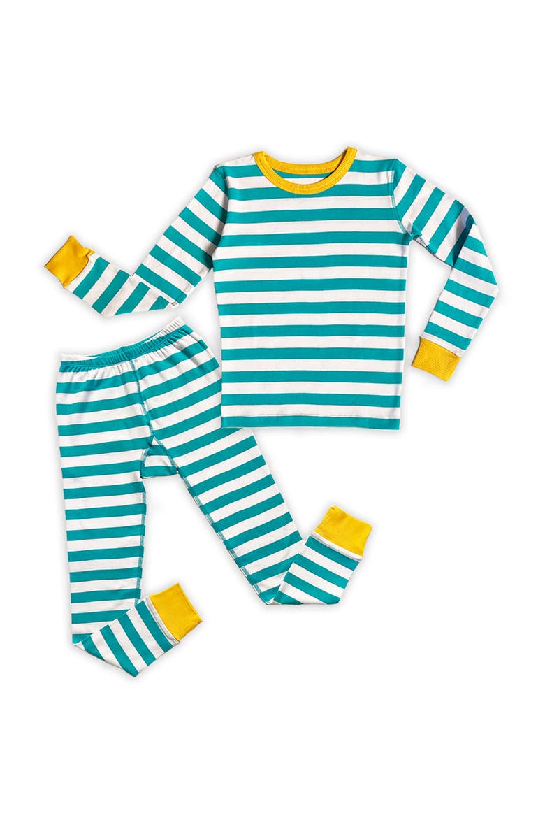 100% Organic Cotton Stripe Long Sleeve Snug Fit Kids Pajamas, Main, color, Teal Stripe