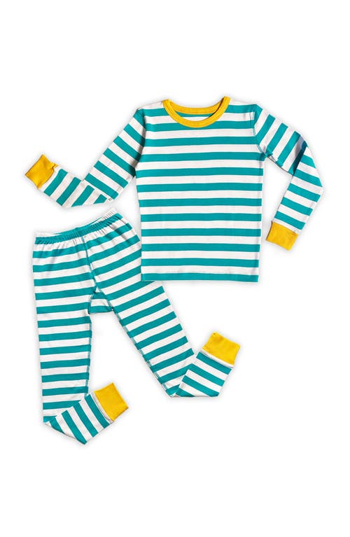 Shop Mightly 100% Organic Cotton Stripe Long Sleeve Snug Fit Kids Pajamas In Teal Stripe