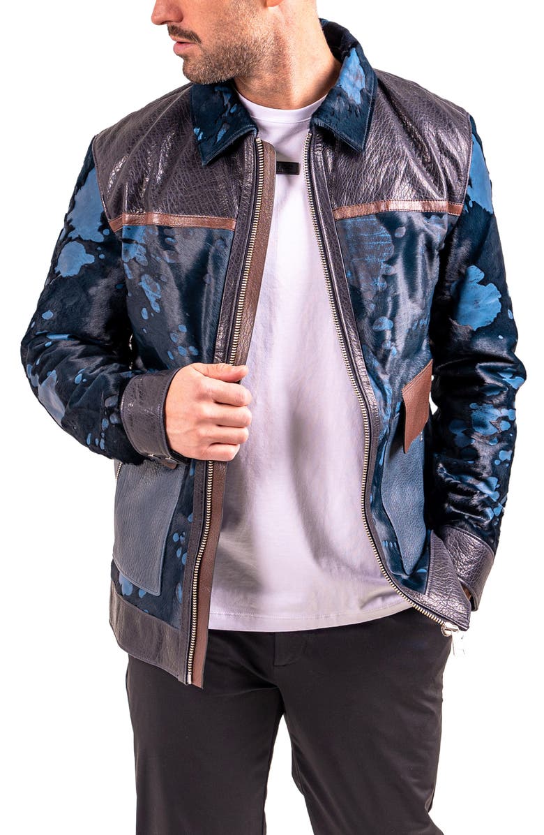 Maceoo Resistance1018 Colorblock Genuine Calf Hair & Leather Jacket, Alternate, color, Black