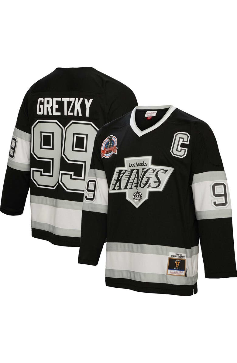 Mitchell & Ness Men's Mitchell & Ness Wayne Gretzky Black Los Angeles Kings Captain Patch 1992/93 Blue Line Player Jersey, Alternate, color,