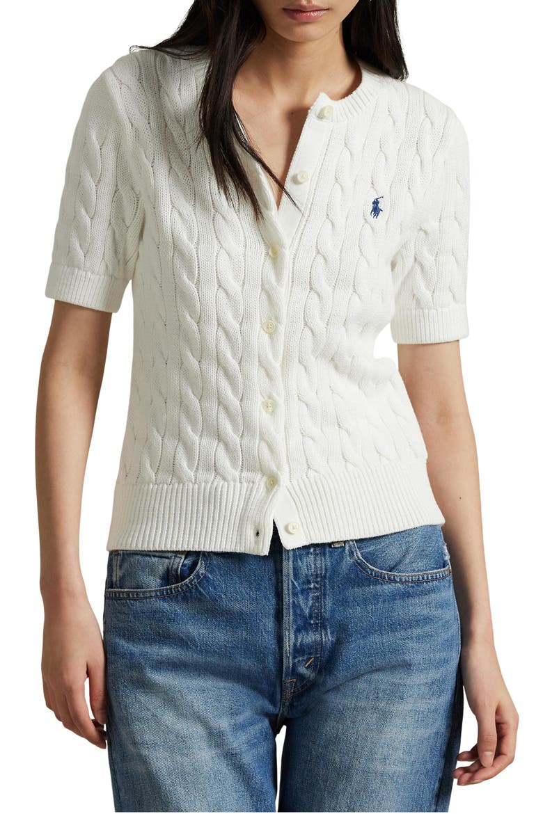 Cable Knit Short Sleeve Cotton Cardigan, Main, color, WHITE