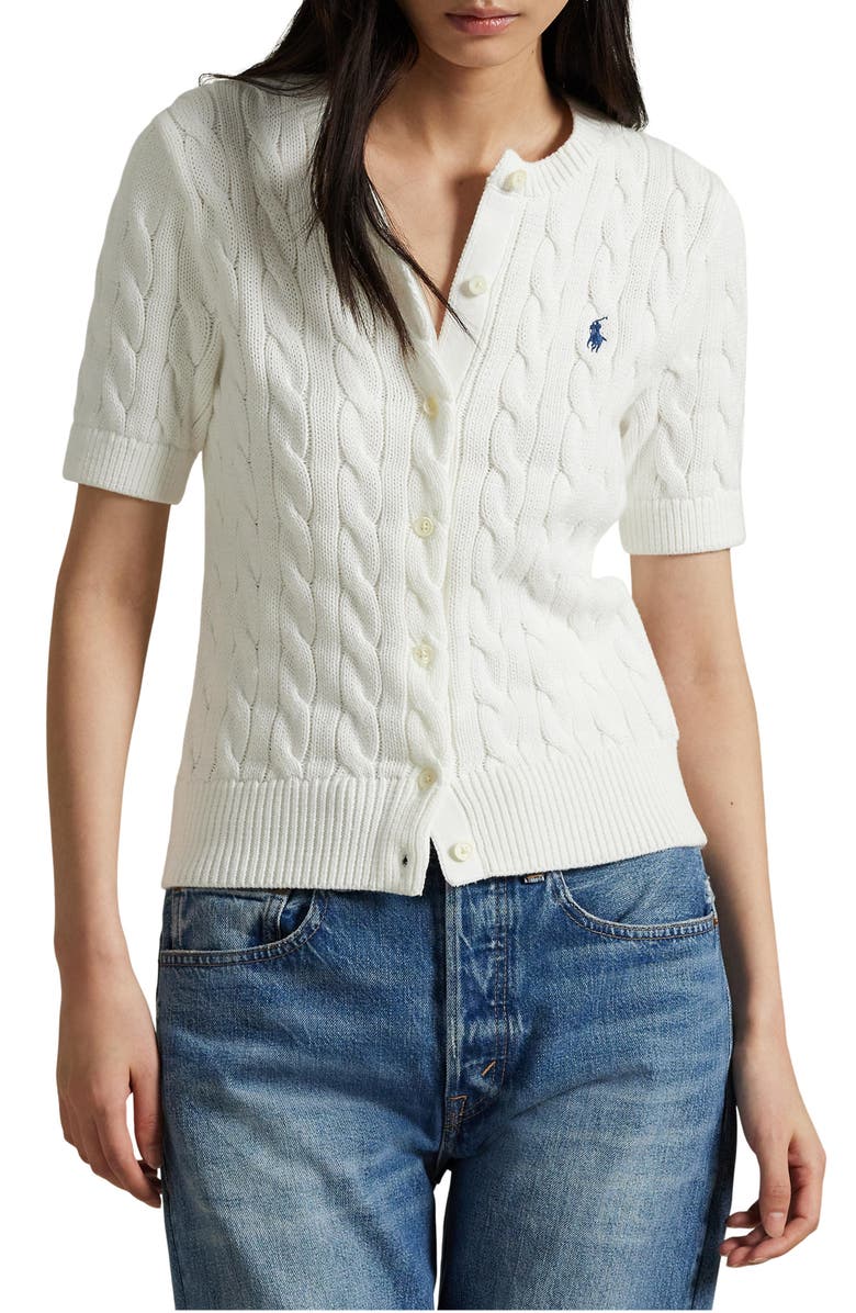Polo Ralph Lauren Cable Knit Short Sleeve Cotton Cardigan, Main, color,