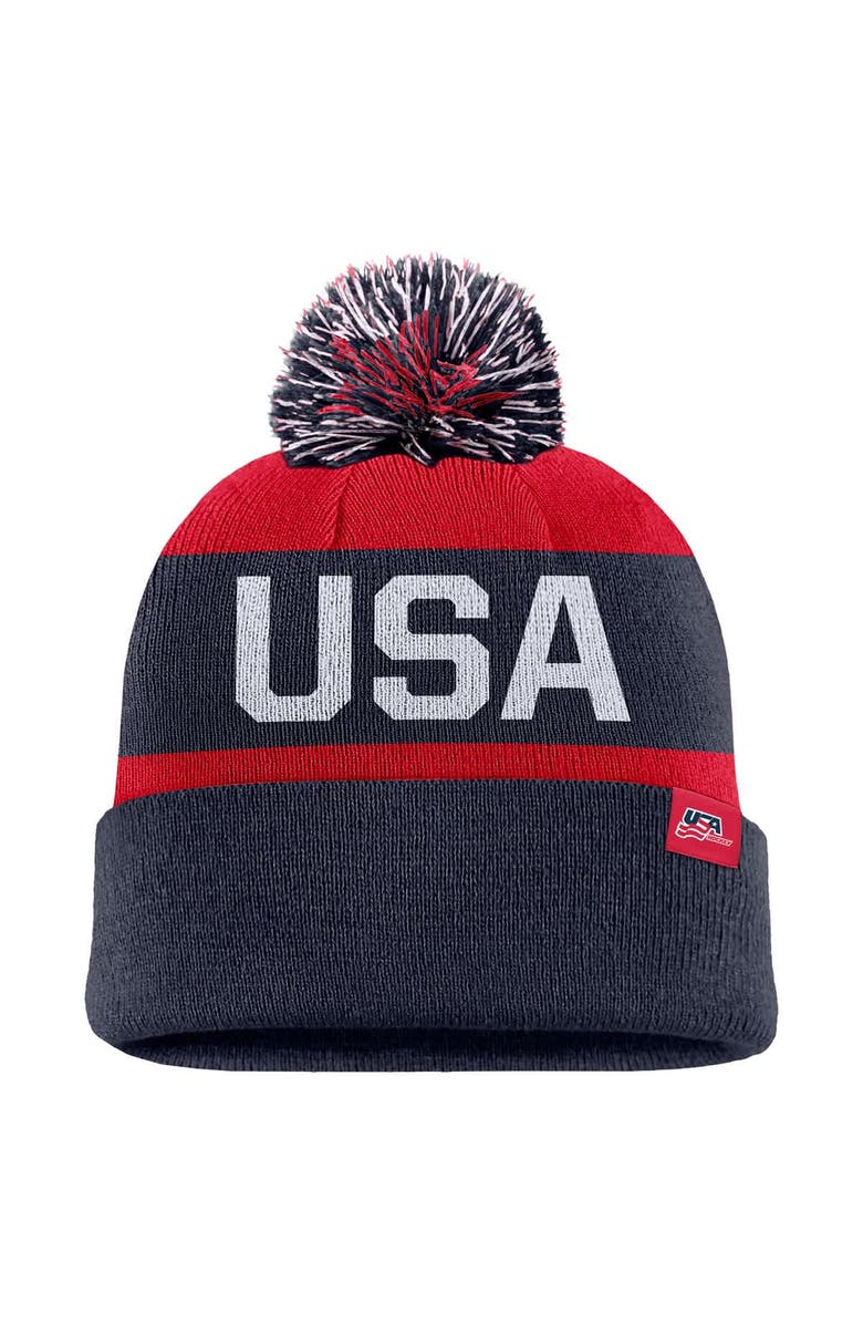 Nike Youth Nike Navy US Hockey Peak Stripe Tri-Blend Cuffed Knit Hat with Pom, Main, color, Navy