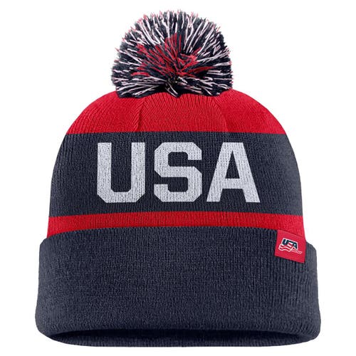 Nike Kids' Youth Navy Us Hockey Peak Stripe Tri-blend Cuffed Knit Hat With Pom In Multi