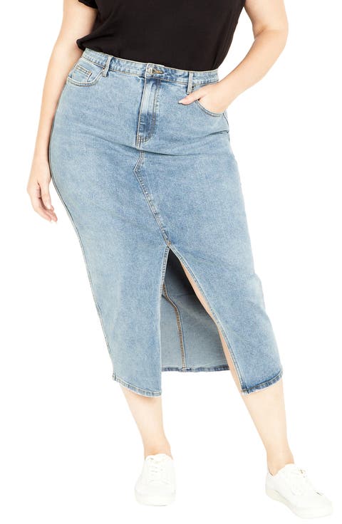 Oaklyn Front Slit Midi Denim Skirt (Plus)