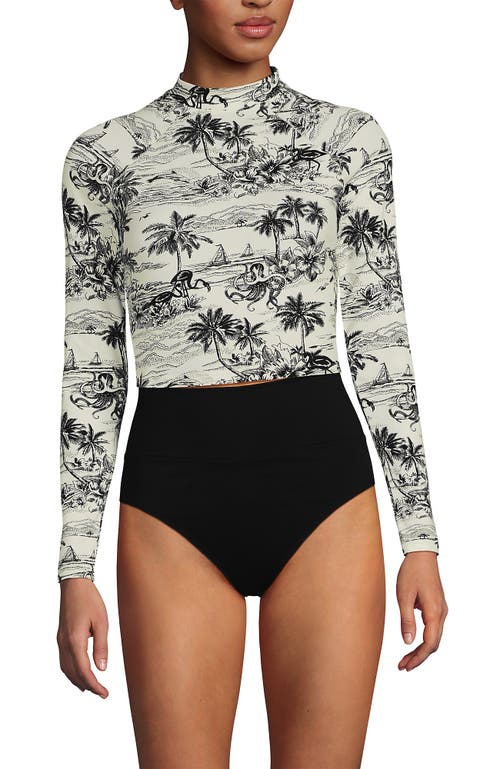 Lands' End Long Sleeve Mock Neck Cropped Upf 50 Sun Protection Rash Guard In Egret White Tropical Scene