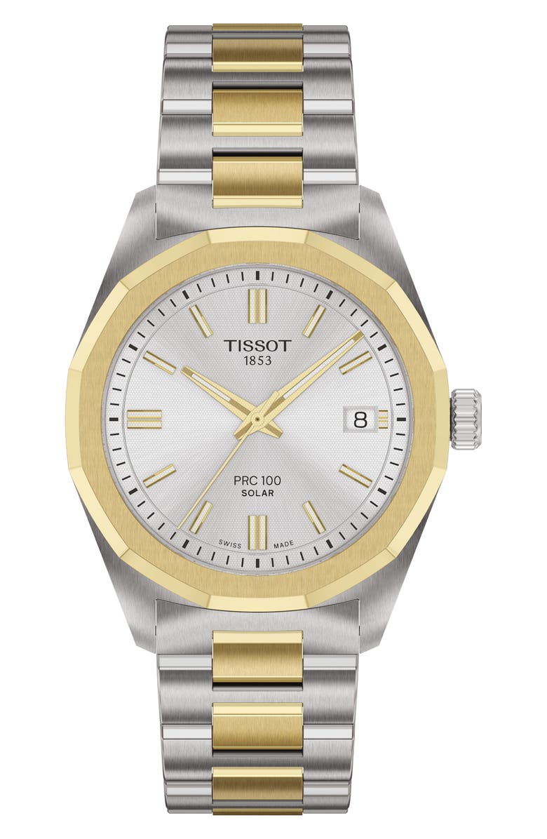 Tissot PRC 100 Solar Two-Tone Bracelet Watch, 34mm, Main, color, Silver