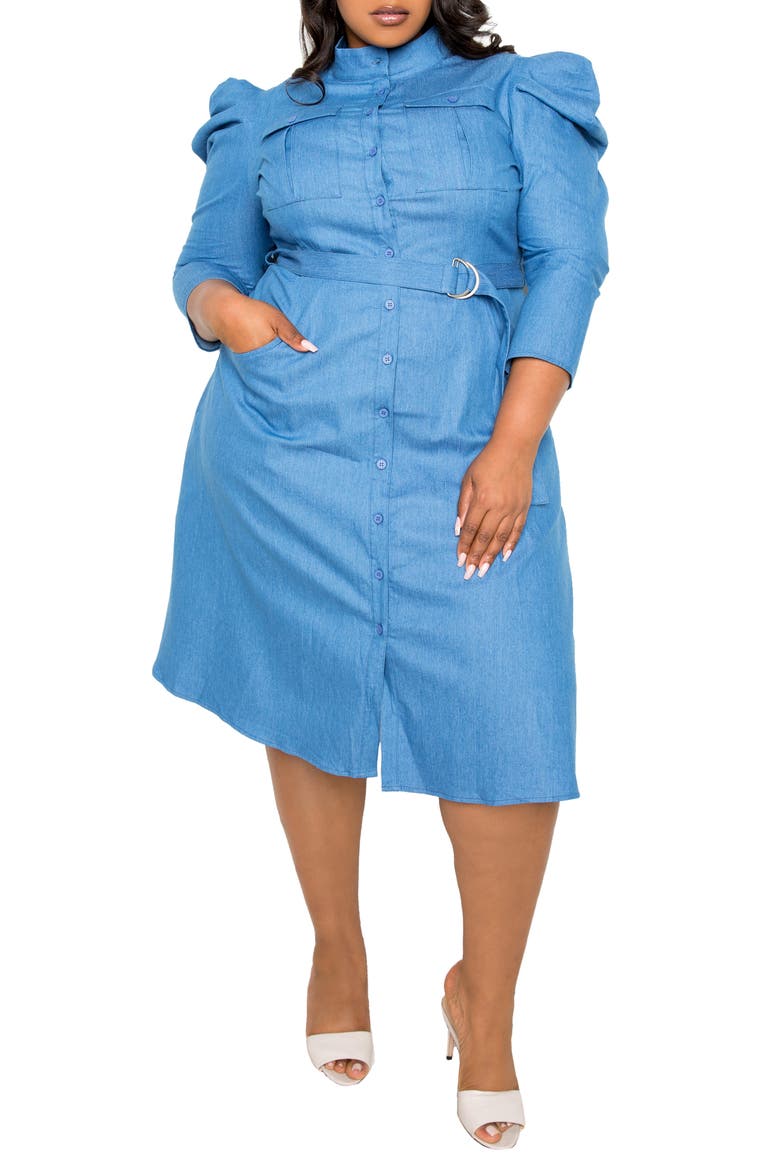 Puff Sleeve Denim Shirtdress, Main, color, BLUE