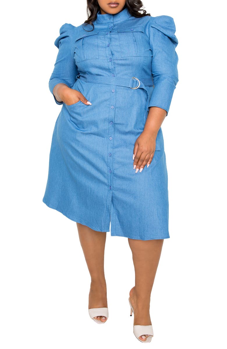 BUXOM COUTURE Puff Sleeve Denim Shirtdress, Main, color, 
